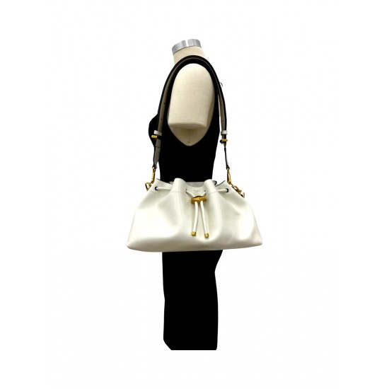 White Leather Drawstring Shoulder Bag with Wide Strap and Gold-Tone Hardware