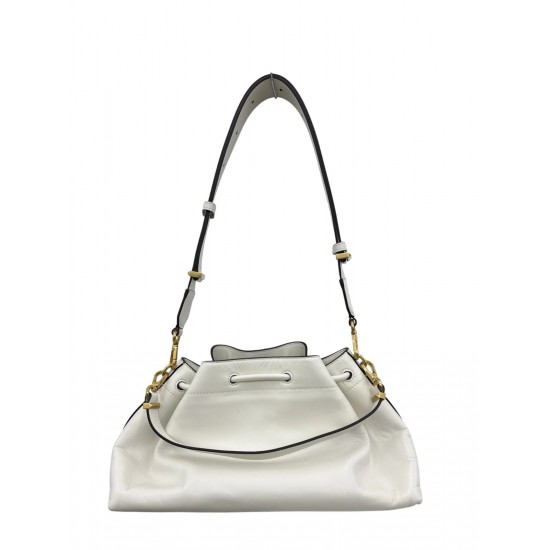 White Leather Drawstring Shoulder Bag with Wide Strap and Gold-Tone Hardware