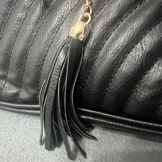 Black Quilted Faux Leather Crossbody Bag with Tassel and Zipper Pockets