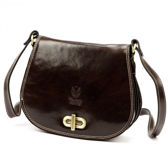 Genuine Leather Saddle Crossbody Bag, Dark Brown, Brass-Tone Turn-Lock Closure, Contrast Stitching