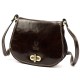 Genuine Leather Saddle Crossbody Bag, Dark Brown, Brass-Tone Turn-Lock Closure, Contrast Stitching