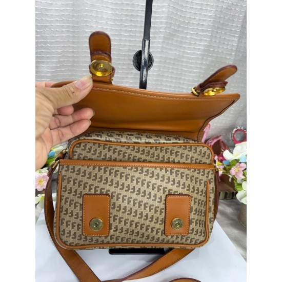 Geometric Print Crossbody Satchel Bag with Camel-Tone Trim and Top Handle