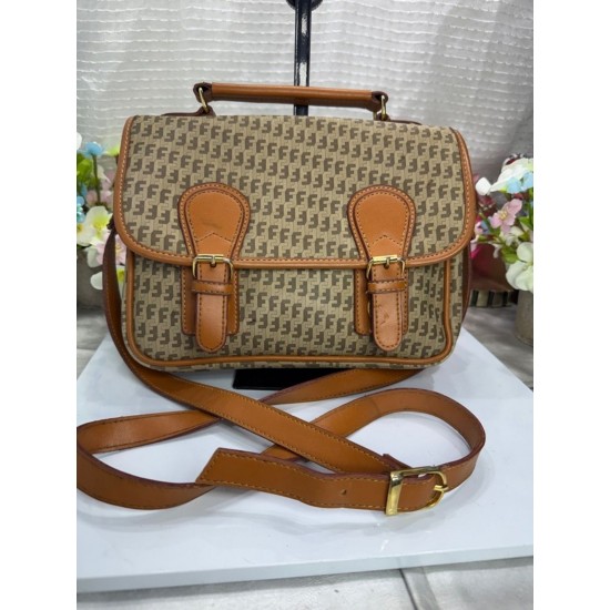 Geometric Print Crossbody Satchel Bag with Camel-Tone Trim and Top Handle