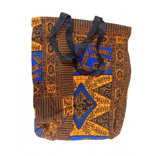 Printed Fabric Tote Bag with Zipper Closure and Black Shoulder Straps