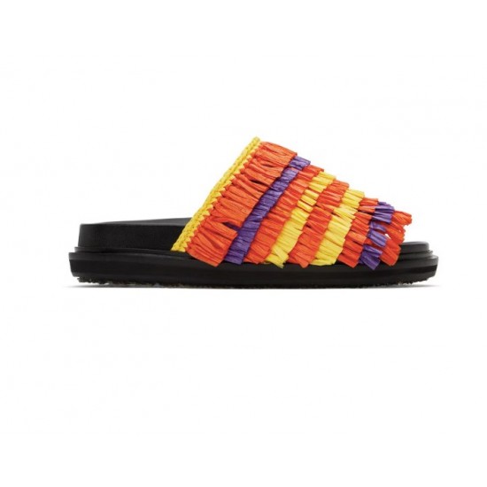 Women's Raffia Slide Sandals, Multicolor Woven Strap, Black Sole, Size 7