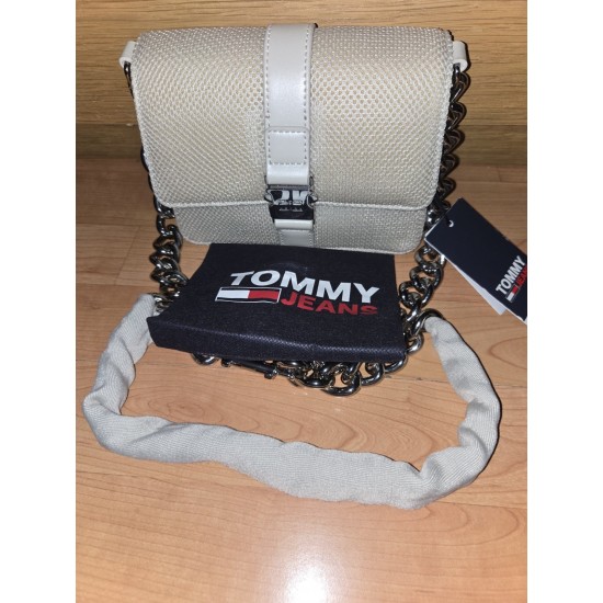 Woven Crossbody Bag, Ivory Textured Fabric, Chain Strap, Buckle Flap Closure