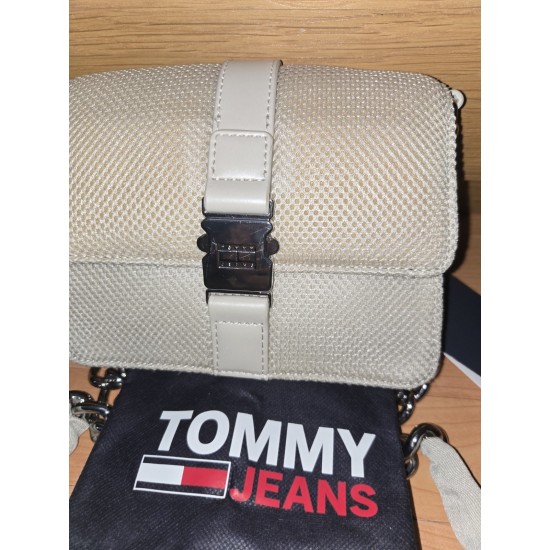 Woven Crossbody Bag, Ivory Textured Fabric, Chain Strap, Buckle Flap Closure