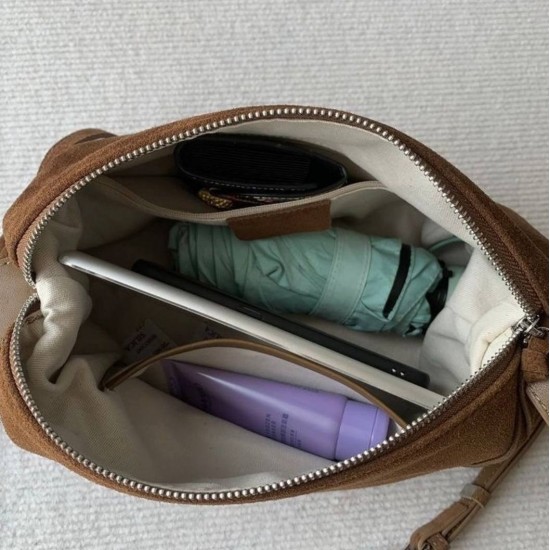 Brown Suede Baguette Shoulder Bag with Zipper and Detachable Strap