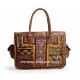 Vintage Leather Embroidered Satchel Handbag, Brown Multicolor, Top Handle, Flap Closure