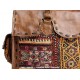 Vintage Leather Embroidered Satchel Handbag, Brown Multicolor, Top Handle, Flap Closure