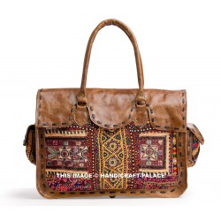 Vintage Leather Embroidered Satchel Handbag, Brown Multicolor, Top Handle, Flap Closure