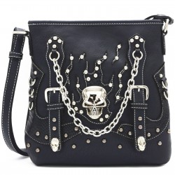 Black Skull Crossbody Shoulder Bag with Studded Chain Accents and Faux Leather Finish