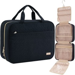 Hanging Toiletry Bag, Black Quilted Organizer with Multiple Compartments and Zippered Pockets