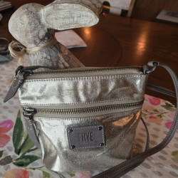 Silver Metallic Crossbody Bag, Zippered Compartments, Shoulder Strap