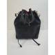 Black Faux Leather Drawstring Bucket Handbag with Two Straps and Wristlet