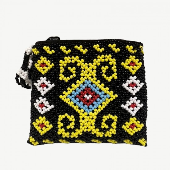 Handmade Beaded Clutch Purse, Black with Colorful Traditional Pattern