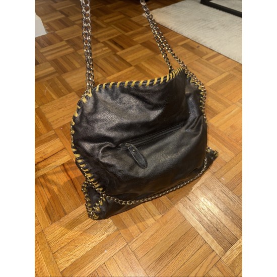 Black Studded Tote Bag with Chain Straps and Gold Tone Trim