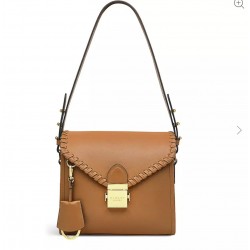 Small Leather Flap Shoulder Bag, Butterscotch Brown, Braided Trim, Gold-Tone Clasp