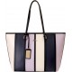 Multicolor Faux Leather Tote Bag with Striped Panels and Shoulder Straps