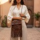 Leather Fringe Crossbody Bag with Colorful Beaded Accents, Brown