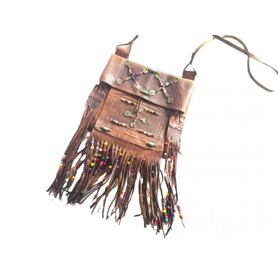 Leather Fringe Crossbody Bag with Colorful Beaded Accents, Brown
