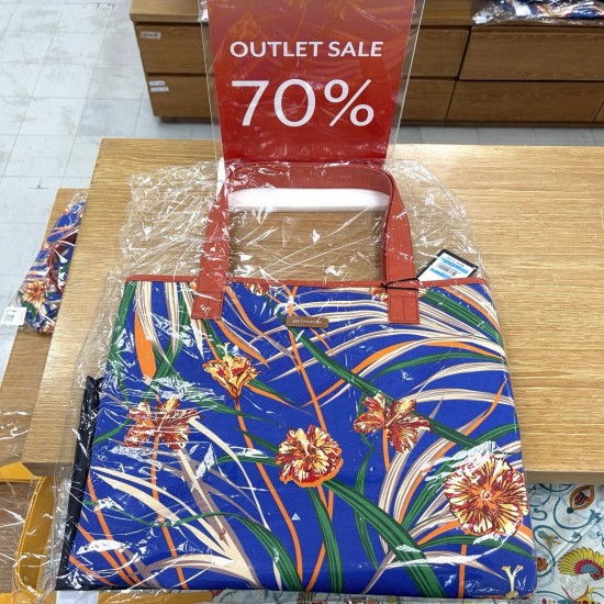 Large Floral Cotton Beach Tote Bag, Blue Print, Orange Handles