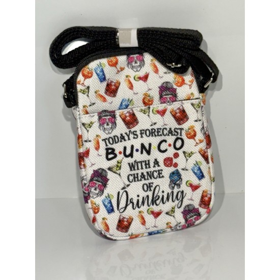 Canvas Crossbody Bag, Colorful Cocktail and Skull Print, Black Strap, Zipper Closure