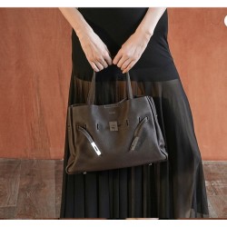 Leather Shoulder Tote Bag, Cacao Brown, Textured Finish, Belt Detail