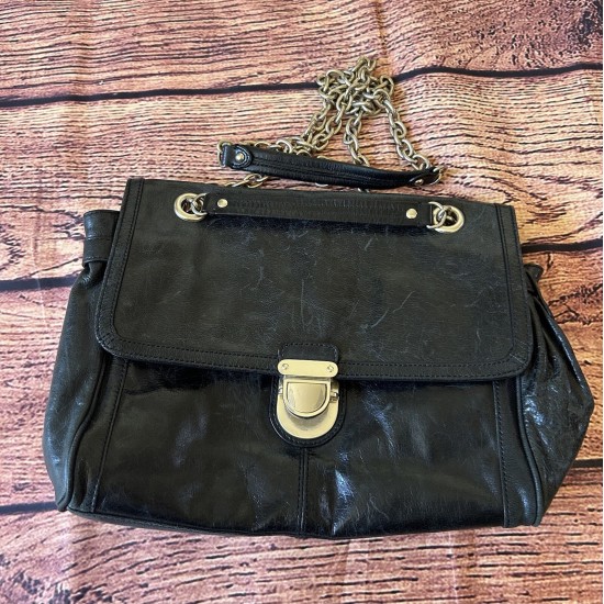 Black Goat Leather Shoulder Bag with Chain Strap and Gold-Tone Hardware