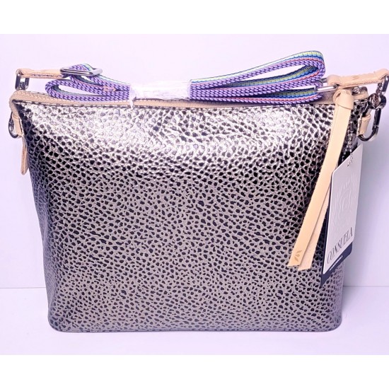 Animal Print Crossbody Bag with Multicolor Striped Shoulder Strap, Metallic Finish, Zipper Closure