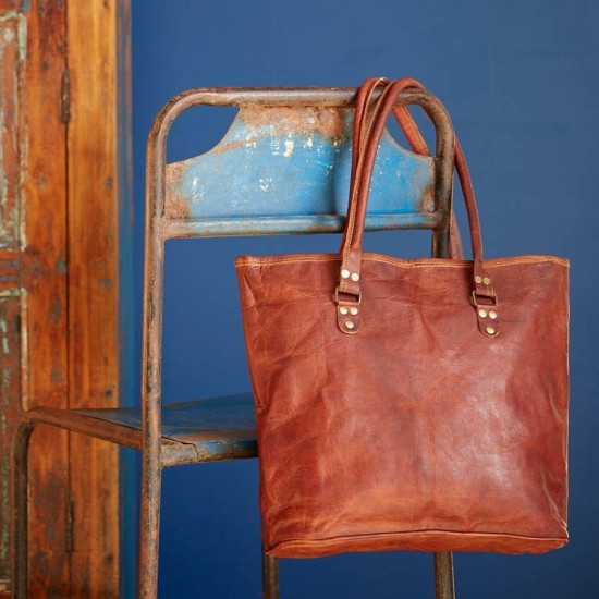Genuine Leather Tote Bag, Brown Vintage Shoulder Purse with Long Handles