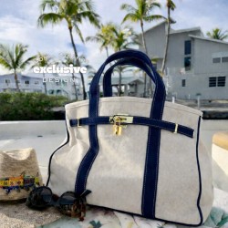 Large Canvas Tote Bag, Natural Beige with Navy Trim and Gold-Tone Lock