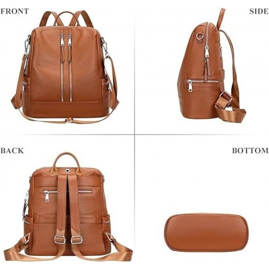 Convertible Faux Leather Backpack Shoulder Bag, Brown, Dual Zipper, Top Handle