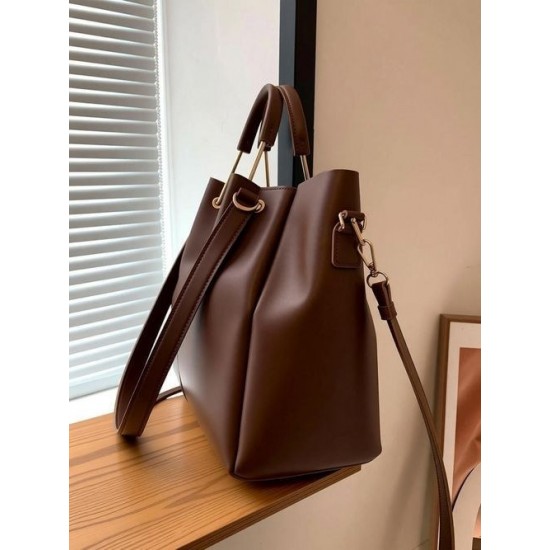 Brown Leather Tote Shoulder Bag with Top Handles and Detachable Strap