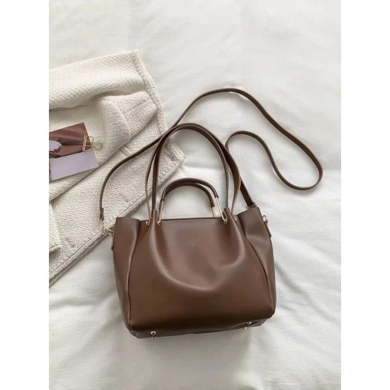 Brown Leather Tote Shoulder Bag with Top Handles and Detachable Strap