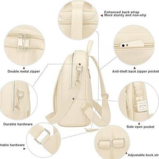 Leather Laptop Backpack, 25L, Beige, Zipper Closure, Convertible Shoulder Straps