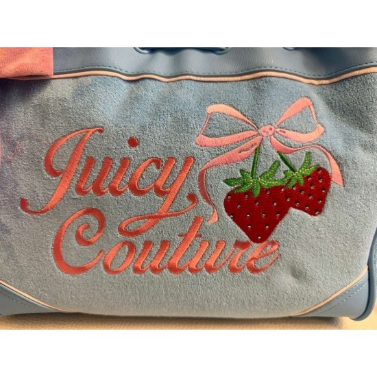 Blue Canvas Tote Bag with Strawberry Embroidery, Pink Bow and Coin Purse