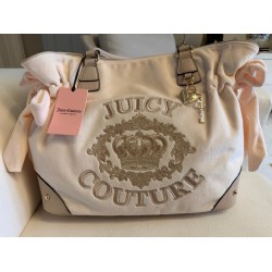 Plush Shoulder Tote Bag, Cream, Embroidered Crown Motif, Charm Accent