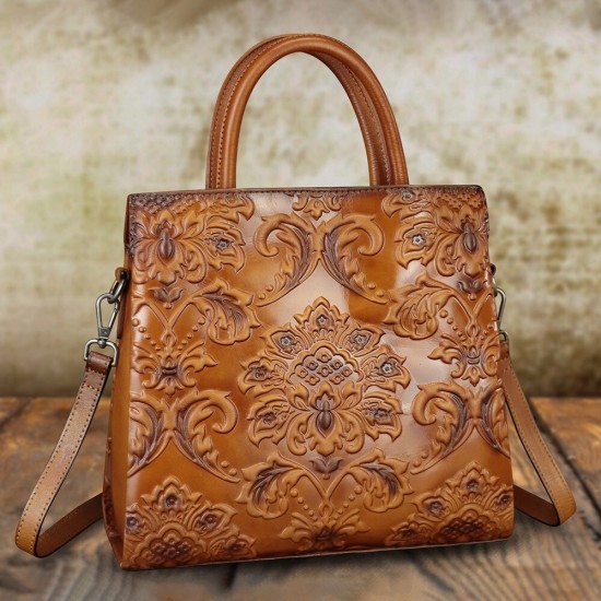 Embossed Leather Tote Handbag with Crossbody Strap, Floral Pattern, Multiple Colors